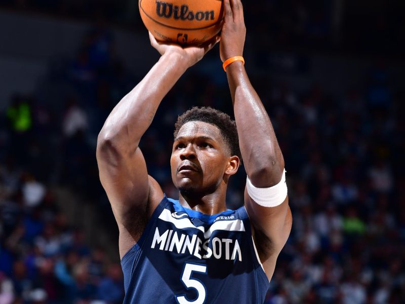 MINNEAPOLIS, MN -  APRIL 27: Anthony Edwards #5 of the Minnesota Timberwolves shoots a free throw during the game against the Los Angeles Lakers during Round 1 Game 4 of the 2025 NBA Playoffs on April 27, 2025 at Target Center in Minneapolis, Minnesota. NOTE TO USER: User expressly acknowledges and agrees that, by downloading and or using this Photograph, user is consenting to the terms and conditions of the Getty Images License Agreement. Mandatory Copyright Notice: Copyright 2025 NBAE (Photo by Barry Gossage/NBAE via Getty Images)