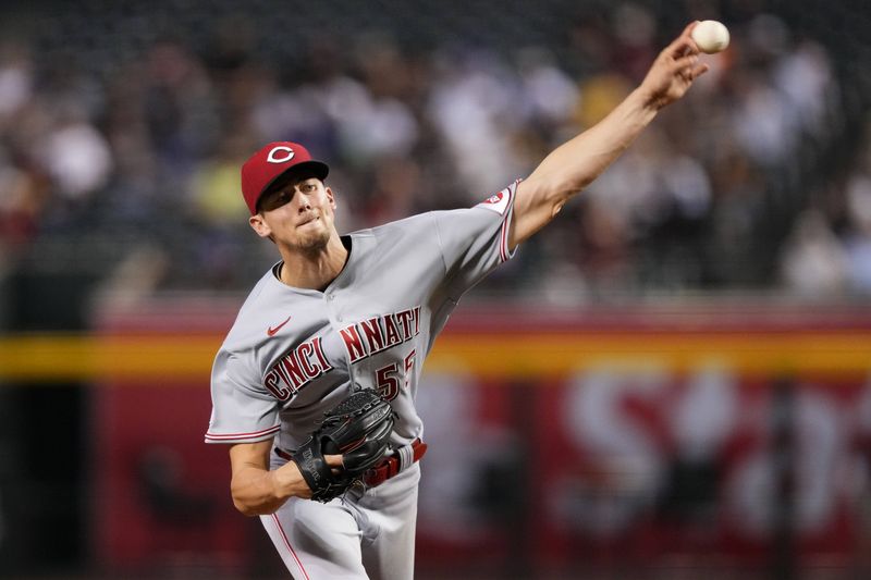 Aug 24, 2023; Phoenix, Arizona, USA; Cincinnati Reds starting pitcher Brandon Williamson (55) pitches against the Arizona Diamondbacks during the third inning at Chase Field. Mandatory Credit: Joe Camporeale-USA TODAY Sports
