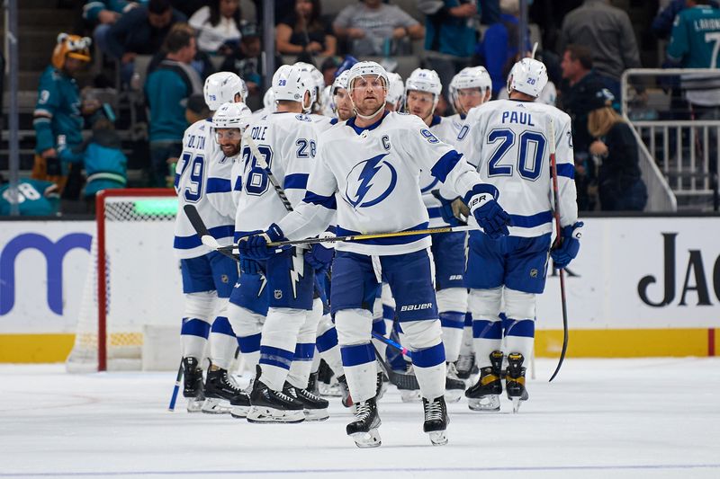 Oct 29, 2022; San Jose, California, USA; Tampa Bay Lightning center Steven Stamkos (91) celebrates with teammates after defeating the San Jose Sharks at SAP Center at San Jose. Mandatory Credit: Robert Edwards-USA TODAY Sports