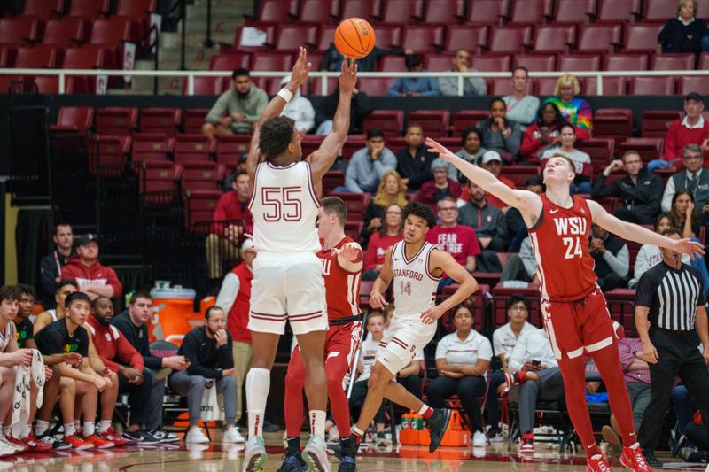 Feb 23, 2023; Stanford, California, USA;  Stanford Cardinal forward Harrison Ingram (55) shoots a three point basket against Washington State Cougars guard Justin Powell (24) during the second half at Maples Pavilion. Mandatory Credit: Neville E. Guard-USA TODAY Sports