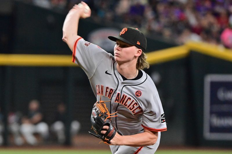 Sep 23, 2024; Phoenix, Arizona, USA;  San Francisco Giants pitcher Hayden Birdsong (60) throws in the first inning against the Arizona Diamondbacks at Chase Field. Mandatory Credit: Matt Kartozian-Imagn Images