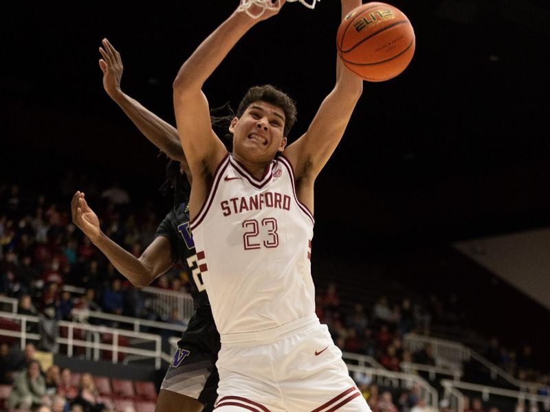 Feb 26, 2023; Stanford, California, USA; Stanford Cardinal forward Brandon Angel (23) and Washington Huskies guard Keyon Menifield (23) vie for a rebound during the first half at Maples Pavilion. Mandatory Credit: D. Ross Cameron-USA TODAY Sports