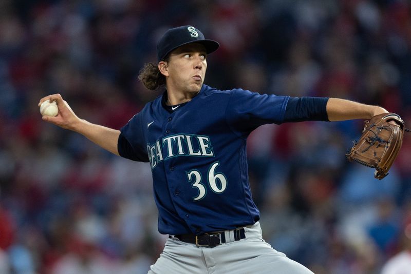 Apr 26, 2023; Philadelphia, Pennsylvania, USA; Seattle Mariners starting pitcher Logan Gilbert (36) throws a pitch during the second inning against the Philadelphia Phillies at Citizens Bank Park. Mandatory Credit: Bill Streicher-USA TODAY Sports