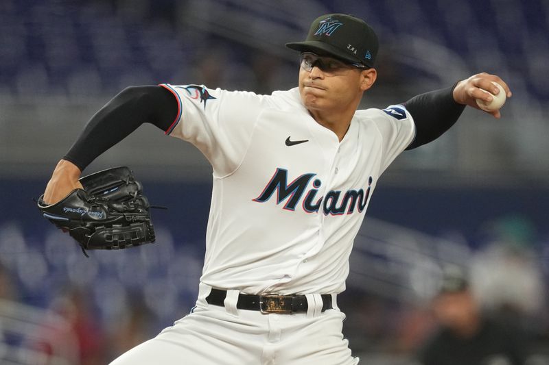 Aug 30, 2023; Miami, Florida, USA; Miami Marlins starting pitcher Jesus Luzardo (44) pitches against the Tampa Bay Rays in the first inning at loanDepot Park. Mandatory Credit: Jim Rassol-USA TODAY Sports