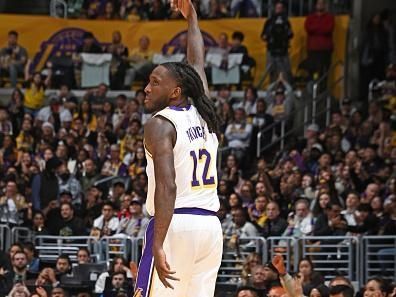 LOS ANGELES, CA - DECEMBER 25: Taurean Prince #12 of the Los Angeles Lakers celebrates during the game against the Boston Celtics on December 25, 2023 at Crypto.Com Arena in Los Angeles, California. NOTE TO USER: User expressly acknowledges and agrees that, by downloading and/or using this Photograph, user is consenting to the terms and conditions of the Getty Images License Agreement. Mandatory Copyright Notice: Copyright 2023 NBAE (Photo by Andrew D. Bernstein/NBAE via Getty Images)