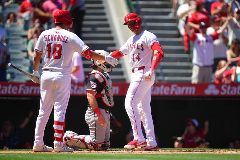 Apr 6, 2025; Anaheim, California, USA; Los Angeles Angels catcher Logan O'Hoppe (14) is greeted by first baseman Nolan Schanuel (18) after hitting a solo home run against the Cleveland Guardians during the second inning at Angel Stadium. Mandatory Credit: Gary A. Vasquez-Imagn Images