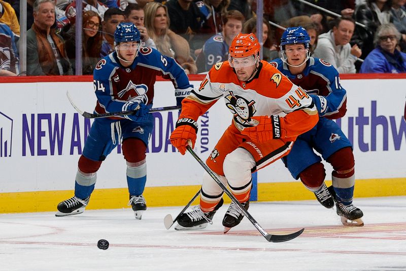 Nov 11, 2025; Denver, Colorado, USA; Anaheim Ducks left wing Ross Johnston (44) controls the puck ahead of Colorado Avalanche defenseman Jack Ahcan (15) and center Gavin Brindley (54) in the first period at Ball Arena. Mandatory Credit: Isaiah J. Downing-Imagn Images