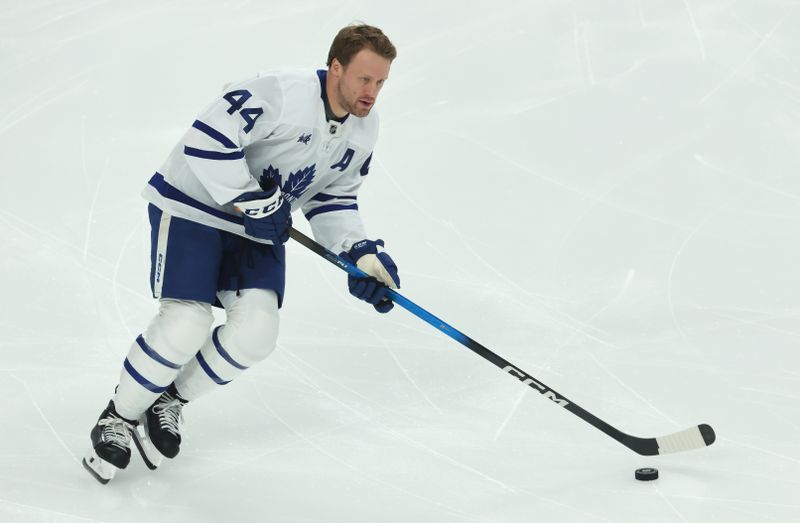 Nov 29, 2025; Pittsburgh, Pennsylvania, USA;  Toronto Maple Leafs defenseman Morgan Rielly (44) warms up before the game against the Pittsburgh Penguins at PPG Paints Arena. Mandatory Credit: Charles LeClaire-Imagn Images