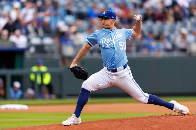 Apr 27, 2025; Kansas City, Missouri, USA; Kansas City Royals pitcher Kris Bubic (50) pitches during the first inning against the Houston Astros  at Kauffman Stadium. Mandatory Credit: William Purnell-Imagn Images