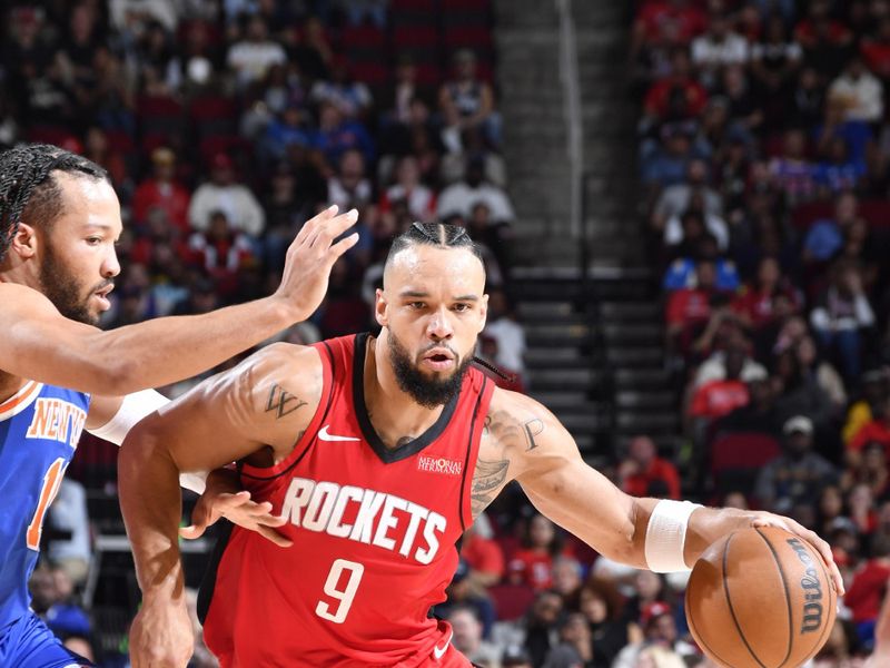 HOUSTON, TX - NOVEMBER 4: Dillon Brooks #9 of the Houston Rockets dribbles the ball during the game against the New York Knicks on November 4, 2024 at the Toyota Center in Houston, Texas. NOTE TO USER: User expressly acknowledges and agrees that, by downloading and or using this photograph, User is consenting to the terms and conditions of the Getty Images License Agreement. Mandatory Copyright Notice: Copyright 2024 NBAE (Photo by Logan Riely/NBAE via Getty Images)