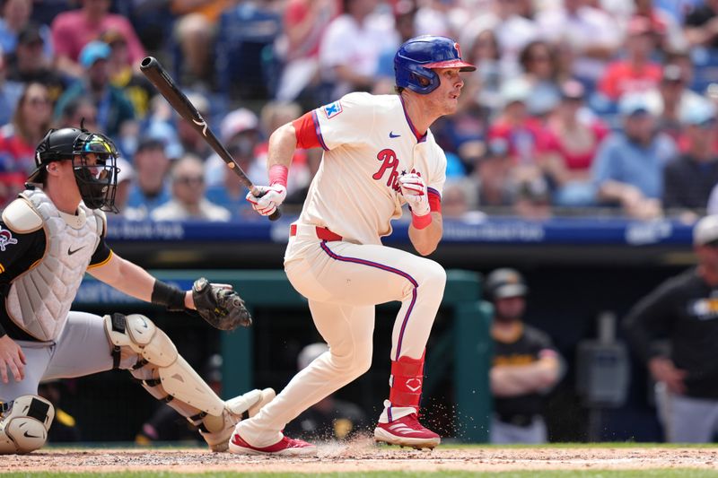 May 18, 2025; Philadelphia, Pennsylvania, USA; Philadelphia Phillies outfielder Max Kepler (17) hits a single against the Pittsburgh Pirates in the fifth inning at Citizens Bank Park. Mandatory Credit: Kyle Ross-Imagn Images