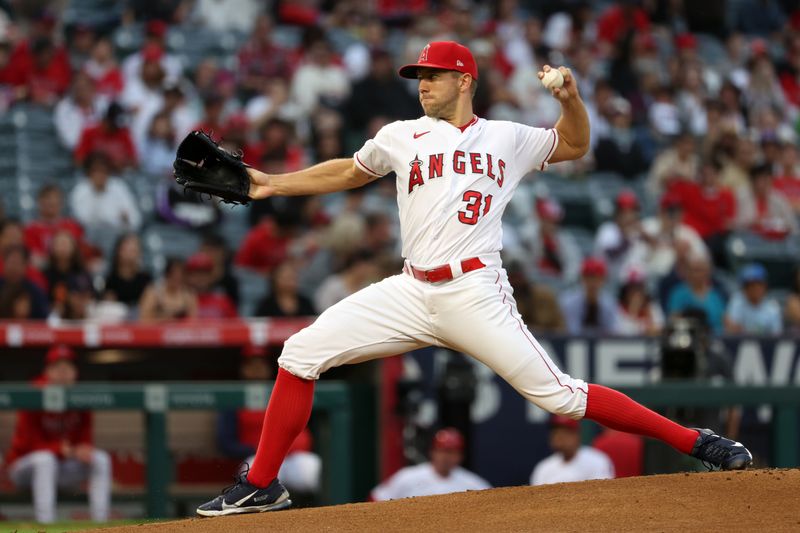 Sep 16, 2023; Anaheim, California, USA;  Los Angeles Angels starting pitcher Tyler Anderson (31) pitches during the first inning against the Detroit Tigers at Angel Stadium. Mandatory Credit: Kiyoshi Mio-USA TODAY Sports