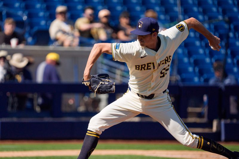 Mar 1, 2024; Phoenix, Arizona, USA;  Milwaukee Brewers pitcher Hoby Milner (55) on the mound in the third during a spring training game against the San Diego Padres at American Family Fields of Phoenix. Mandatory Credit: Allan Henry-USA TODAY Sports