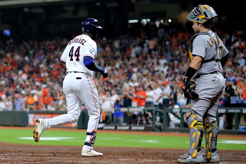 Sep 13, 2023; Houston, Texas, USA; Houston Astros left fielder Yordan Alvarez (44) crosses home plate after hitting a three-run home run to right field against the Oakland Athletics during the third inning at Minute Maid Park. Mandatory Credit: Erik Williams-USA TODAY Sports