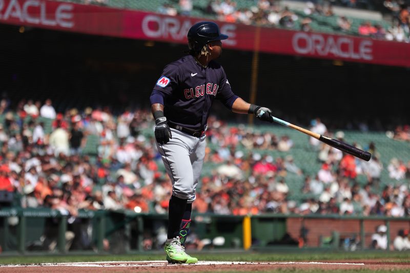 Sep 13, 2023; San Francisco, California, USA; Cleveland Guardians third baseman Jose Ramirez (11) hits a two run home run during the first inning against the San Francisco Giants at Oracle Park. Mandatory Credit: Sergio Estrada-USA TODAY Sports