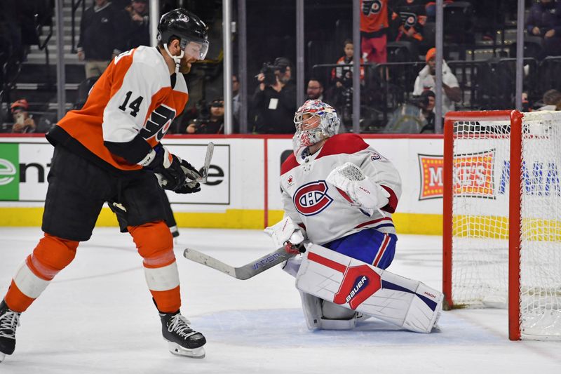 Jan 10, 2024; Philadelphia, Pennsylvania, USA; Montreal Canadiens goaltender Cayden Primeau (30) reacts after allowing goal by Philadelphia Flyers center Sean Couturier (14) during the shootout at Wells Fargo Center. Mandatory Credit: Eric Hartline-USA TODAY Sports