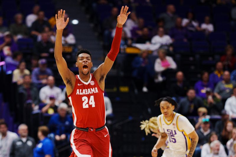 Feb 4, 2023; Baton Rouge, Louisiana, USA; Alabama Crimson Tide forward Brandon Miller (24) reacts to a play against the LSU Tigers during the first half at Pete Maravich Assembly Center. Mandatory Credit: Andrew Wevers-USA TODAY Sports