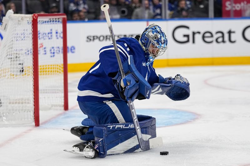 May 5, 2025; Toronto, Ontario, CAN; Toronto Maple Leafs goaltender Anthony Stolarz (41) stops the puck against the Florida Panthers during the second period of the second round of the 2025 Stanley Cup Playoffs at Scotiabank Arena. Mandatory Credit: John E. Sokolowski-Imagn Images