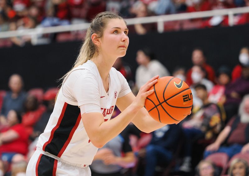 Jan 22, 2023; Stanford, California, USA; Stanford Cardinal guard Hannah Jump (33) shoots a free throws after a Colorado Buffaloes bench technical during the fourth quarter at Maples Pavilion. Mandatory Credit: Kelley L Cox-USA TODAY Sports