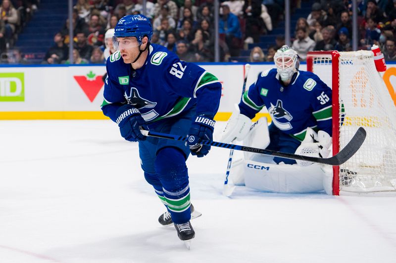 Jan 2, 2024; Vancouver, British Columbia, CAN; Vancouver Canucks defenseman Ian Cole (82) skates against the Ottawa Senators in the first period at Rogers Arena. Mandatory Credit: Bob Frid-USA TODAY Sports