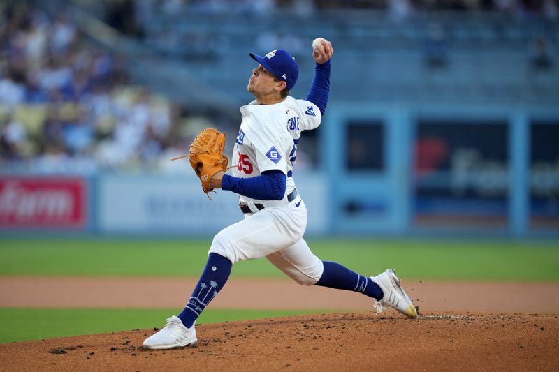 Jun 14, 2024; Los Angeles, California, USA; Los Angeles Dodgers starting pitcher Gavin Stone (35) throws in the second inning against the Kansas City Royals at Dodger Stadium. Mandatory Credit: Kirby Lee-USA TODAY Sports