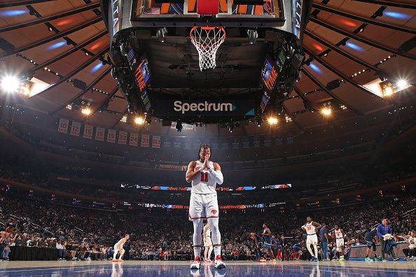 NEW YORK, NY - JANUARY 1: Jalen Brunson #11 of the New York Knicks looks on before the game against the Minnesota Timberwolves on January 1, 2024 at Madison Square Garden in New York City, New York.  NOTE TO USER: User expressly acknowledges and agrees that, by downloading and or using this photograph, User is consenting to the terms and conditions of the Getty Images License Agreement. Mandatory Copyright Notice: Copyright 2024 NBAE  (Photo by Nathaniel S. Butler/NBAE via Getty Images)