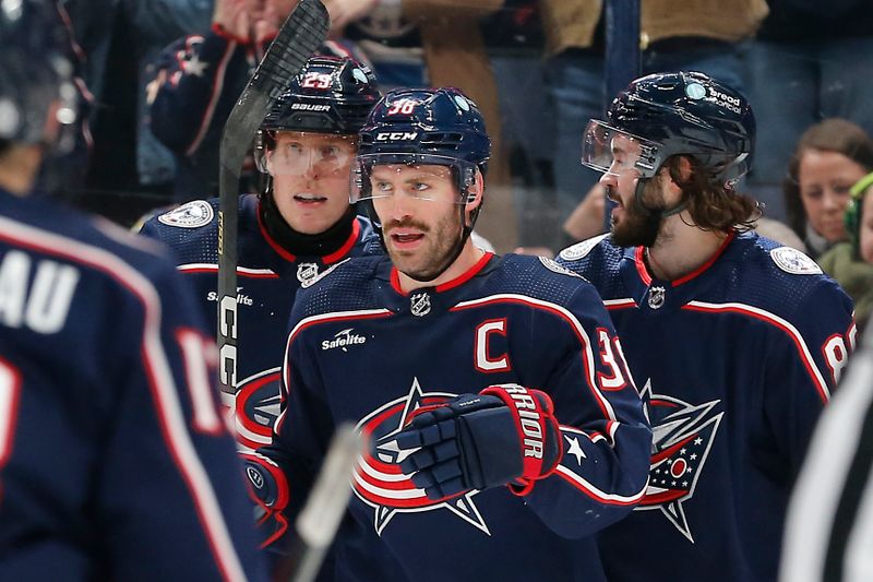 Nov 22, 2023; Columbus, Ohio, USA; Columbus Blue Jackets center Boone Jenner (38) celebrates his goal against the Chicago Blackhawks during the first period at Nationwide Arena. Mandatory Credit: Russell LaBounty-USA TODAY Sports