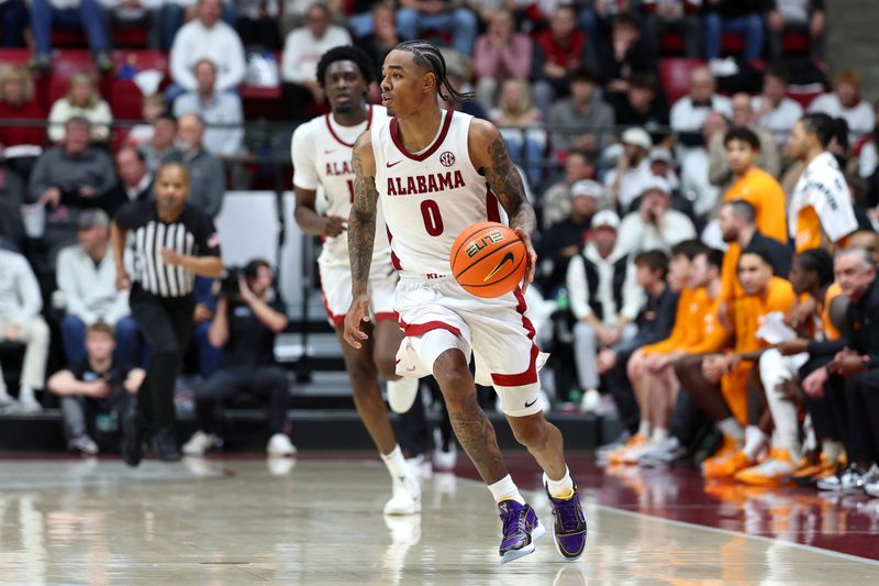 Jan 24, 2026; Tuscaloosa, Alabama, USA; Alabama Crimson Tide guard Labaron Philon (0) dribbles a fast break during the second half against the Tennessee Volunteers at Coleman Coliseum. Mandatory Credit: David Leong-Imagn Images