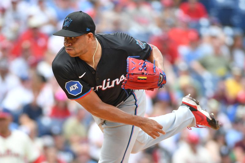 Jun 30, 2024; Philadelphia, Pennsylvania, USA; Miami Marlins pitcher Yonny Chirinos (26) throws a pitch against the Philadelphia Phillies during the first inning at Citizens Bank Park. Mandatory Credit: Eric Hartline-USA TODAY Sports