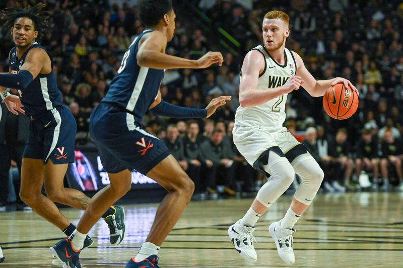 Jan 21, 2023; Winston-Salem, North Carolina, USA; Wake Forest Demon Deacons guard Cameron Hildreth (2) dribbles with Virginia Cavaliers guard Ryan Dunn (13) guarding during the first half at Lawrence Joel Veterans Memorial Coliseum. Mandatory Credit: William Howard-USA TODAY Sports