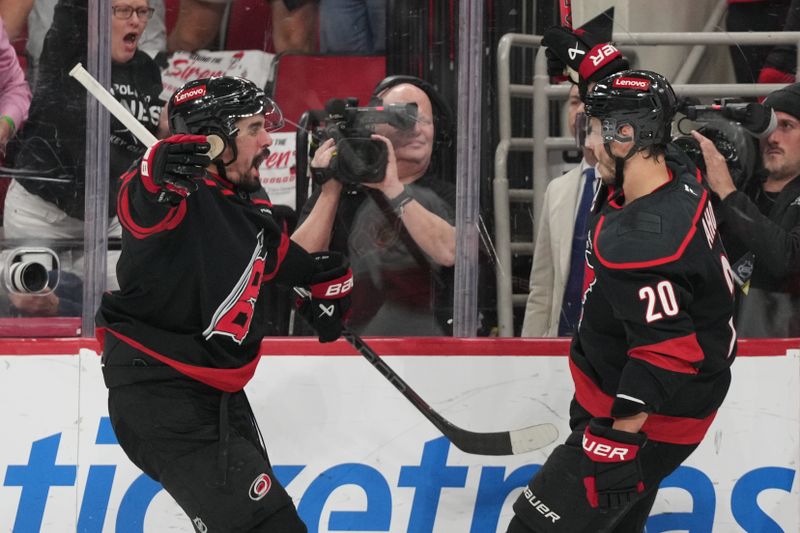 May 28, 2025; Raleigh, North Carolina, USA; Carolina Hurricanes forward Sebastian Aho (20) celebrates scoring a second goal during the first period against the Florida Panthers in game five of the Eastern Conference Final of the 2025 Stanley Cup Playoffs at Lenovo Center. Mandatory Credit: James Guillory-Imagn Images
