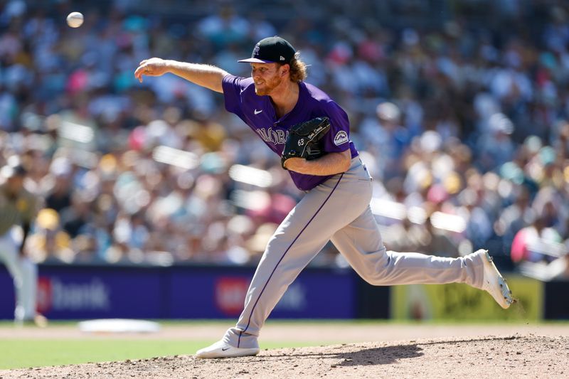 Aug 4, 2024; San Diego, California, USA; Colorado Rockies relief pitcher Noah Davis (63) throws a pitch during the eighth inning against the San Diego Padres at Petco Park. Mandatory Credit: David Frerker-USA TODAY Sports