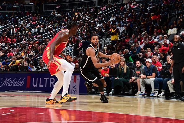 ATLANTA, GA - DECEMBER 6: Mikal Bridges #1 of the Brooklyn Nets drives to the basket during the game against the Atlanta Hawks on December 6, 2023 at State Farm Arena in Atlanta, Georgia.  NOTE TO USER: User expressly acknowledges and agrees that, by downloading and/or using this Photograph, user is consenting to the terms and conditions of the Getty Images License Agreement. Mandatory Copyright Notice: Copyright 2023 NBAE (Photo by Scott Cunningham/NBAE via Getty Images)