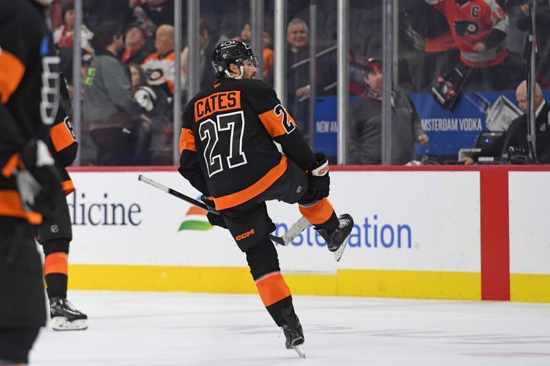 Jan 13, 2025; Philadelphia, Pennsylvania, USA; Philadelphia Flyers left wing Noah Cates (27) celebrates win against the Florida Panthers at Wells Fargo Center. Mandatory Credit: Eric Hartline-Imagn Images