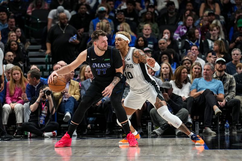 DALLAS, TX - FEBRUARY 14: Luka Doncic #77 of the Dallas Mavericks handles the ball during the game against the San Antonio Spurs on February 14, 2024 at the American Airlines Center in Dallas, Texas. NOTE TO USER: User expressly acknowledges and agrees that, by downloading and or using this photograph, User is consenting to the terms and conditions of the Getty Images License Agreement. Mandatory Copyright Notice: Copyright 2024 NBAE (Photo by Glenn James/NBAE via Getty Images)