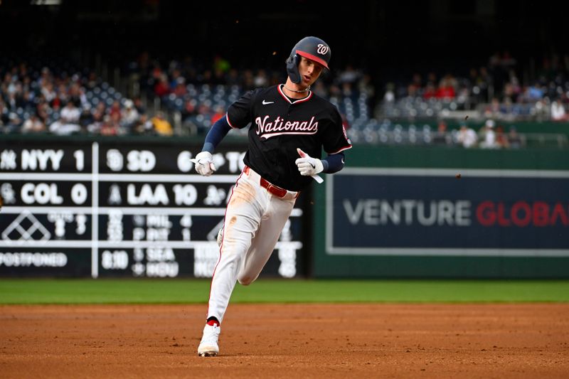 May 22, 2025; Washington, District of Columbia, USA; Washington Nationals outfielder Robert Hassell III (57) runs the bases against the Atlanta Braves during the second inning at Nationals Park. Mandatory Credit: Brad Mills-Imagn Images