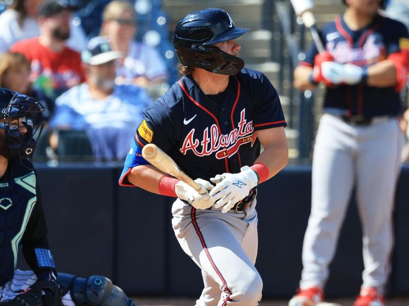 Feb 26, 2026; Tampa, Florida, USA;  Atlanta Braves second baseman Brett Wisely (0) hits a single during the fifth inning against the New York Yankees at George M. Steinbrenner Field. Mandatory Credit: Kim Klement Neitzel-Imagn Images