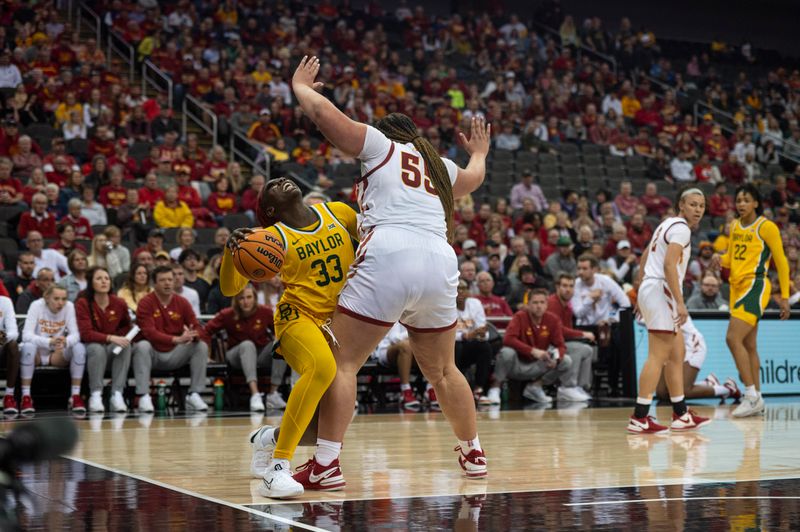 Mar 9, 2024; Kansas City, MO, USA; Iowa State Cyclones center Audi Crooks (55) draws a charge from Baylor Lady Bears guard Aijha Blackwell (33) during the first half at T-Mobile Center. Mandatory Credit: Amy Kontras-USA TODAY Sports