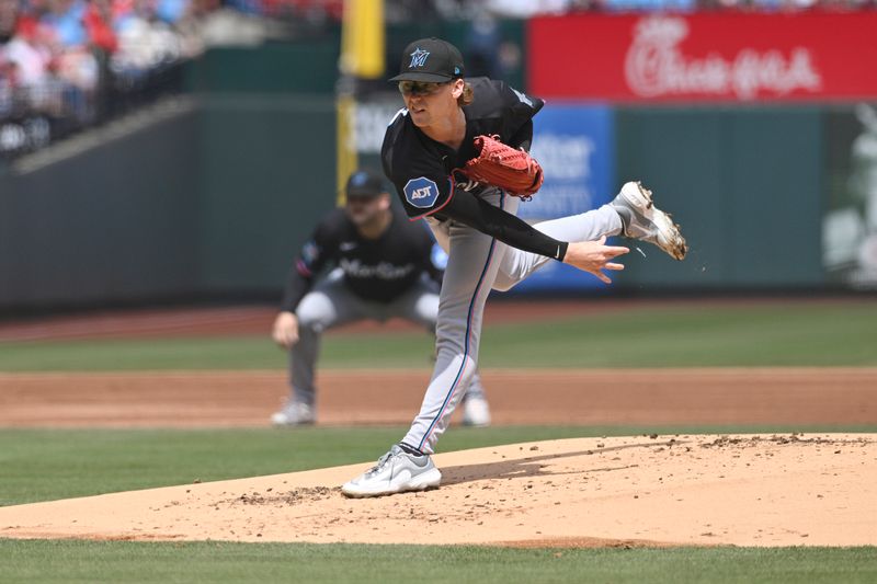 Apr 7, 2024; St. Louis, Missouri, USA; Miami Marlins pitcher Max Meyer (23) pitches against the St. Louis Cardinals during the first inning at Busch Stadium. Mandatory Credit: Jeff Le-USA TODAY Sports