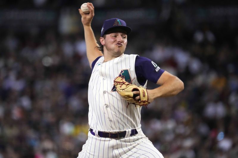 Aug 13, 2023; Phoenix, Arizona, USA; Arizona Diamondbacks starting pitcher Brandon Pfaadt (32) pitches against the San Diego Padres during the fourth inning at Chase Field. Mandatory Credit: Joe Camporeale-USA TODAY Sports