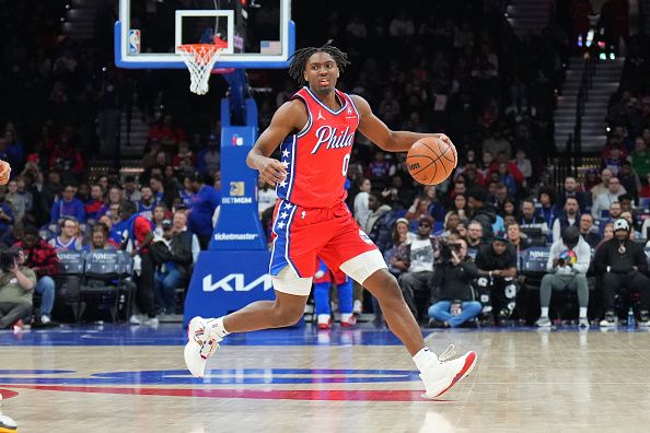 PHILADELPHIA, PA - DECEMBER 8: Tyrese Maxey #0 of the Philadelphia 76ers dribbles the ball during the game against the Atlanta Hawks on December 8, 2023 at the Wells Fargo Center in Philadelphia, Pennsylvania NOTE TO USER: User expressly acknowledges and agrees that, by downloading and/or using this Photograph, user is consenting to the terms and conditions of the Getty Images License Agreement. Mandatory Copyright Notice: Copyright 2023 NBAE (Photo by Jesse D. Garrabrant/NBAE via Getty Images)