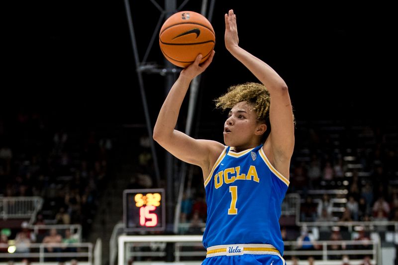 Feb 20, 2023; Stanford, California, USA;  UCLA Bruins guard Kiki Rice (1) shoots against the Stanford Cardinal during the second half at Maples Pavilion. Mandatory Credit: John Hefti-USA TODAY Sports