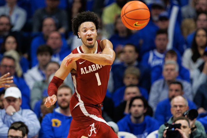 Feb 24, 2024; Lexington, Kentucky, USA; Alabama Crimson Tide guard Mark Sears (1) passes the ball during the second half against the Kentucky Wildcats at Rupp Arena at Central Bank Center. Mandatory Credit: Jordan Prather-USA TODAY Sports