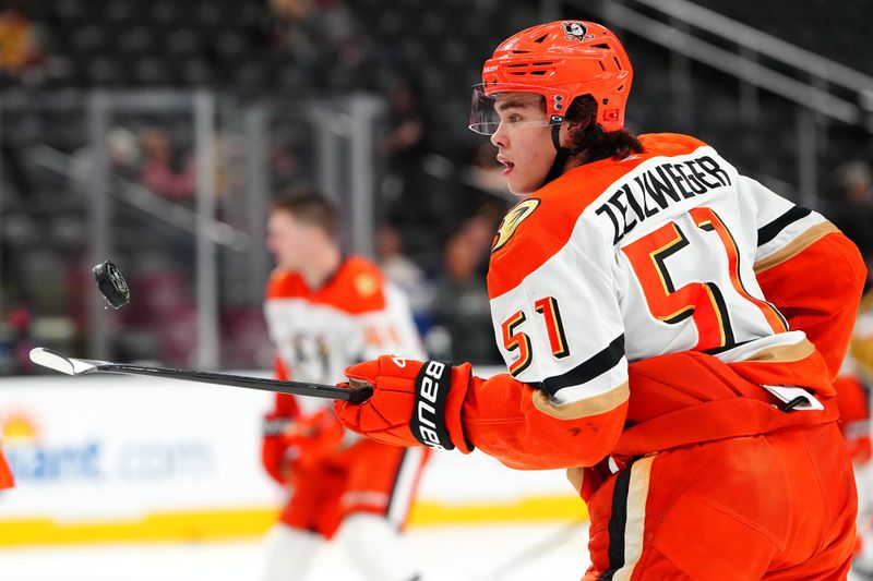 Nov 8, 2025; Las Vegas, Nevada, USA; Anaheim Ducks defenseman Olen Zellweger (51) warms up before a game against the Vegas Golden Knights at T-Mobile Arena. Mandatory Credit: Stephen R. Sylvanie-Imagn Images