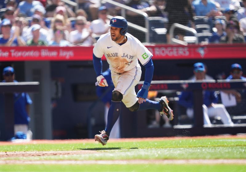 Jun 15, 2024; Toronto, Ontario, CAN; Toronto Blue Jays right fielder George Springer (4) runs for home plate scoring a run against the Cleveland Guardians during the fourth inning at Rogers Centre. Mandatory Credit: Nick Turchiaro-USA TODAY Sports