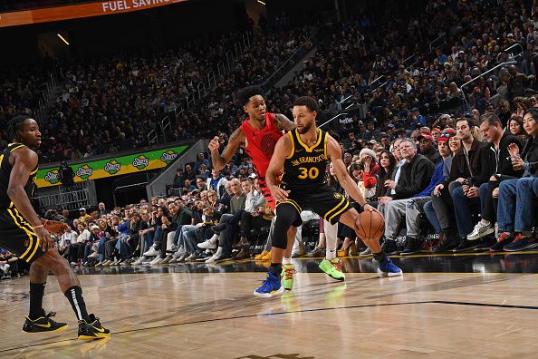 SAN FRANCISCO, CA - DECEMBER 23: Stephen Curry #30 of the Golden State Warriors dribbles the ball during the game against the Portland Trail Blazers on December 23, 2023 at Chase Center in San Francisco, California. NOTE TO USER: User expressly acknowledges and agrees that, by downloading and or using this photograph, user is consenting to the terms and conditions of Getty Images License Agreement. Mandatory Copyright Notice: Copyright 2023 NBAE (Photo by Noah Graham/NBAE via Getty Images)