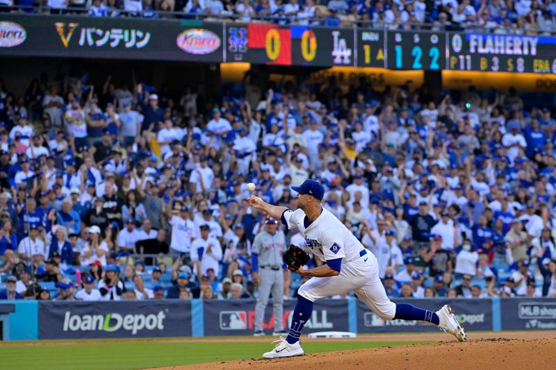 Oct 13, 2024; Los Angeles, California, USA; Los Angeles Dodgers pitcher Jack Flaherty (0) throws a pitch against the New York Mets during the first inning in game one of the NLCS for the 2024 MLB Playoffs at Dodger Stadium. Mandatory Credit: Jayne Kamin-Oncea-Imagn Images