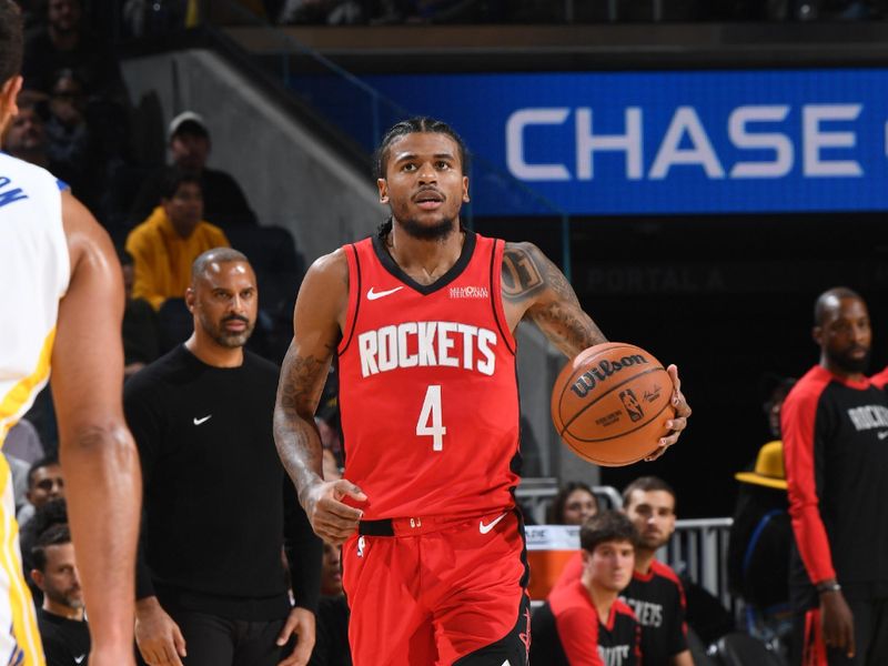 SAN FRANCISCO, CA - DECEMBER 5: Jalen Green #4 of the Houston Rockets dribbles the ball during the game against the Golden State Warriors on December 5, 2024 at Chase Center in San Francisco, California. NOTE TO USER: User expressly acknowledges and agrees that, by downloading and or using this photograph, user is consenting to the terms and conditions of Getty Images License Agreement. Mandatory Copyright Notice: Copyright 2024 NBAE (Photo by Noah Graham/NBAE via Getty Images)