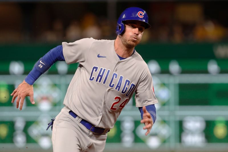 Aug 26, 2023; Pittsburgh, Pennsylvania, USA;  Chicago Cubs first baseman Cody Bellinger runs the bases on his way to scoring a run against the Pittsburgh Pirates during the fifth inning at PNC Park. Mandatory Credit: Charles LeClaire-USA TODAY Sports