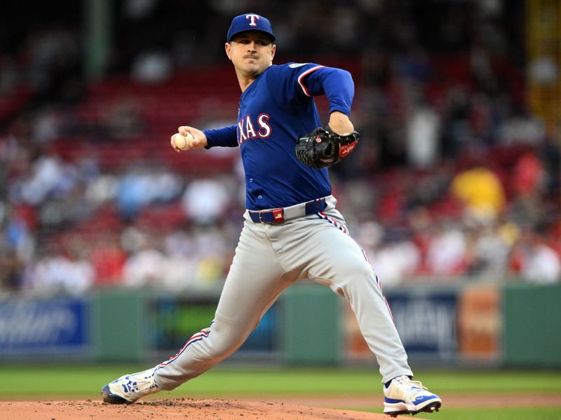 May 7, 2025; Boston, Massachusetts, USA; Texas Rangers starting pitcher Tyler Mahle (51) pitches against the Boston Red Sox during the first inning at Fenway Park. Mandatory Credit: Brian Fluharty-Imagn Images